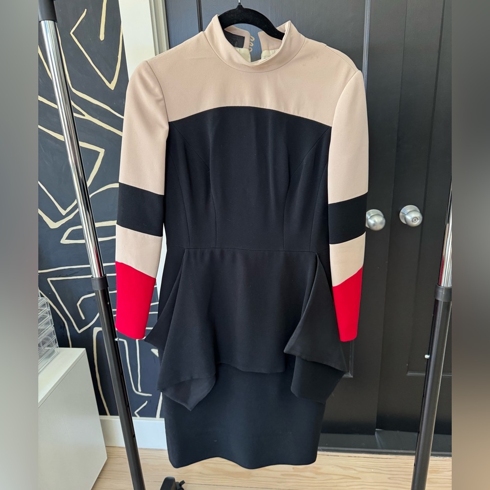 Nude, black and red tailored dress